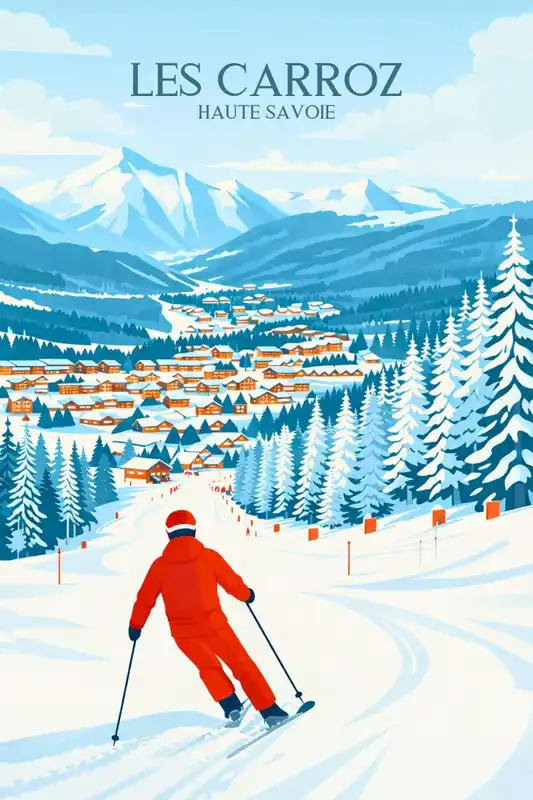 Acheter Direct Affiche Les Carroz - Ski village vintage