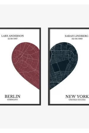 'Affiches Personnalisées - Carte du Coeur en 2 Pièces - Ensemble de 2' Quantité Limitée