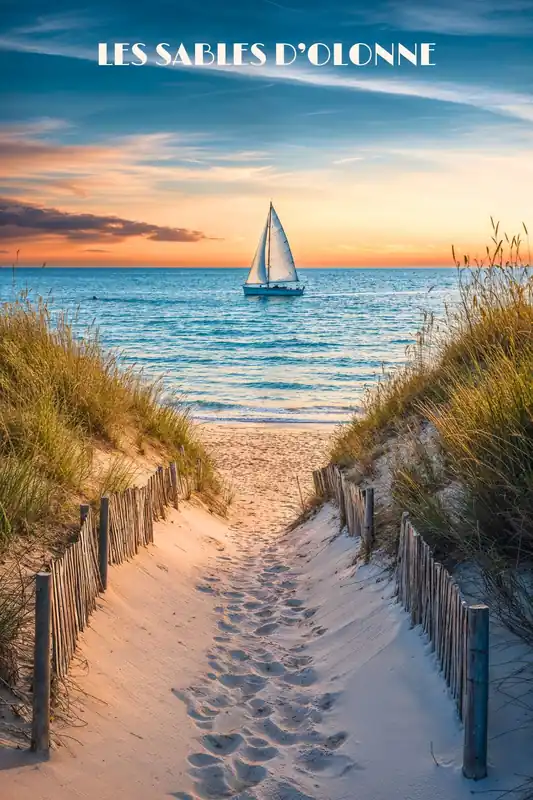 Populaire Affiche Les Sables d'Olonne - Plage et bateau en Vendée