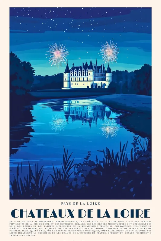 Affiche Châteaux de la Loire - De nuit avec feu d'artifice Expédition Rapide