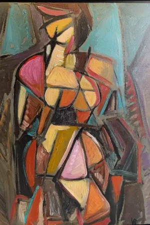 Quantité Limitée Ecole post cubiste XXème, Nu debout, huile sur panneau signée du Mono VR