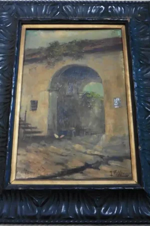 Tableau Paysage Rue à l'Arche Village Signé Possi Huile/Panneau du XIXème siècle Nouveauté