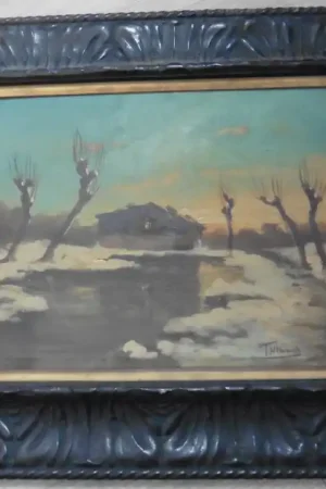 Paysage Rivière Enneigée Signé Villa Huile/Panneau du XIXème siècle Pas Cher