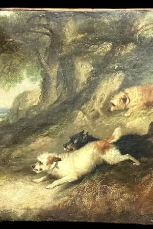 Tableau, huile sur toile, "Terriers chassant un lapin" signé G. Armfield - 19ème siècle. Meilleur Choix