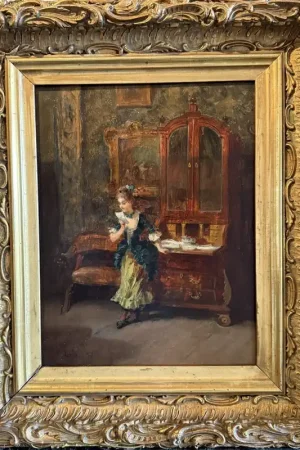 " Jeune fille Lisant Dans Son Salon".  Huile Sur Panneau Signé Tony Torta ( 1800-1900 ). Pas Cher