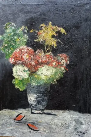 ZABA. Huile sur toile "bouquet de fleurs dans un vase de cristal" 70 X 49,5 cm Dernier Modèle