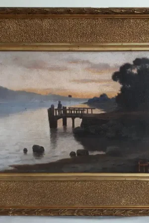 Tableau huile sur toile paysage lacustre au crépuscule H. SCHMIDT fin 19ème Prix Réduit