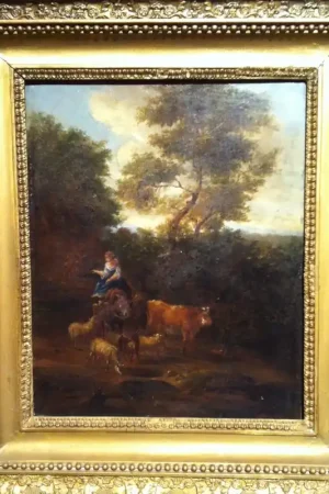 "Bergère et son Troupeau" Huile sur bois XIXe Siècle Soldes