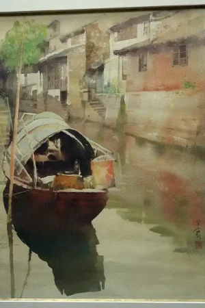 "BATEAU CHINOIS sur le CANAL" Aquarelle Signée ...CHINE vers 1950/60 Super Prix