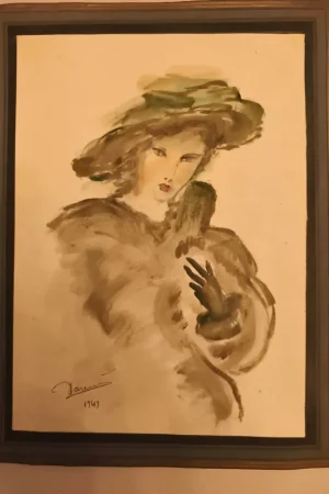 "Élégante  au chapeau" aquarelle par jean Lareuse en 1949 Certifié