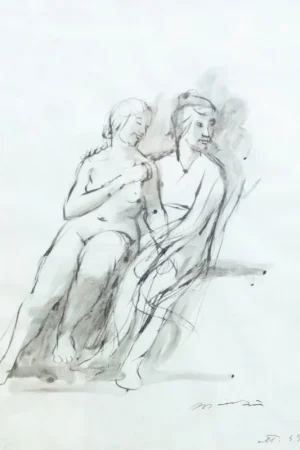 Offre Limitée Encre aquarellée sur papier, "Etude pour les deux sœurs", par Giacomo Manzù, signé, 1943