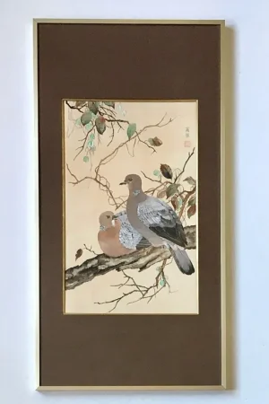 Gouache  début XXe. Chine. "Couple de pigeons". Signé (cachet). Bon Marché