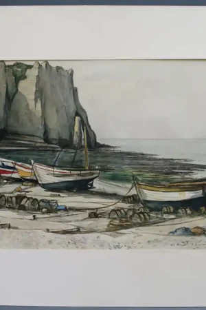 Acheter Direct Aquarelle Etretat 1971 André Duculty Barques Et Falaises