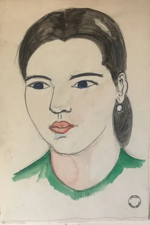 Yvonne Hanriot-Giraud  Portrait  gouache d'Elsa en pull vert Offre Spéciale