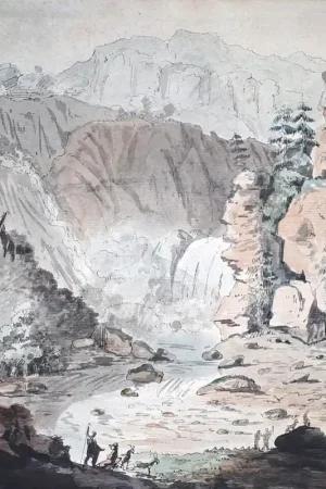 ZINGG Adrian (1734-1816) "Paysage animé à la cascade" Dessin/Encre et aquarelle,signé et annoté Offre Du Jour