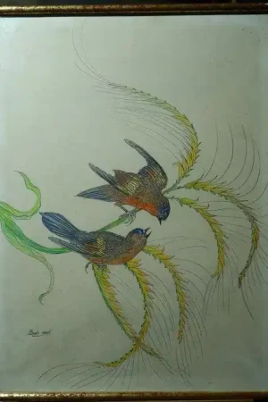 "Couple d'Oiseaux Exotiques" par H.GASSET-OUSSET vers 1950 Bon Marché