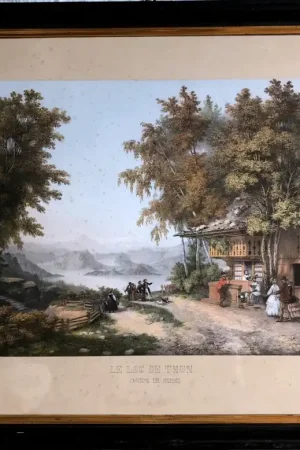 " Vue sur le lac de THUN " canton de Berne, aquatinte vers 1840-1850, de Thénot Bon Plan