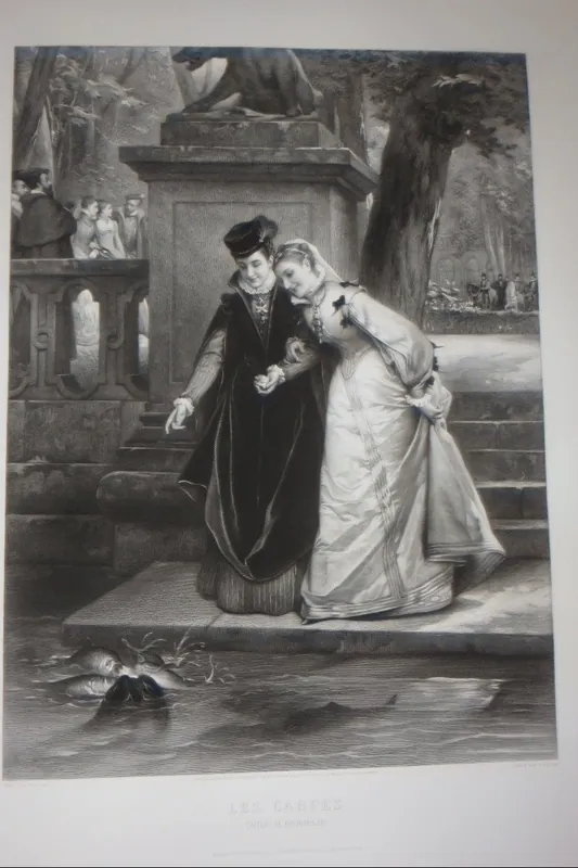 " Le s Carpes ",  chateau de Fontainebleau, eau- forte époque 19ème. Prix Bas