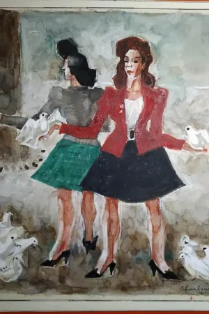 " 2 femmes au colombes blanches " gouache par Paul Charlemagne 1892-1972 - - Promotion Saisonnière