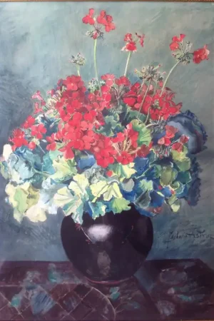 Zacharie Astruc (1833-1907) - Grande Aquarelle - Bouquet de Géraniums Affaire À Saisir