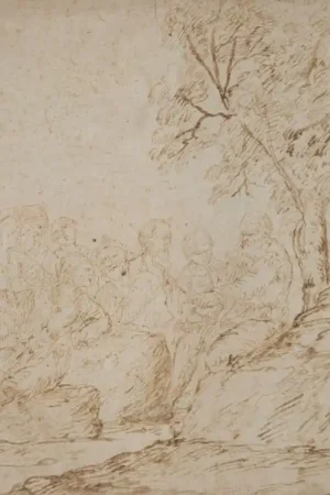 "Bélisaire au camp des Bulgares" Dessin plume et lavis brun, Ecole italienne 17e siècle Paiement Sécurisé