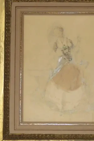 " L'élégante à l'Ombrelle ", Aquarelle Signée, époque 19ème. Vente Directe